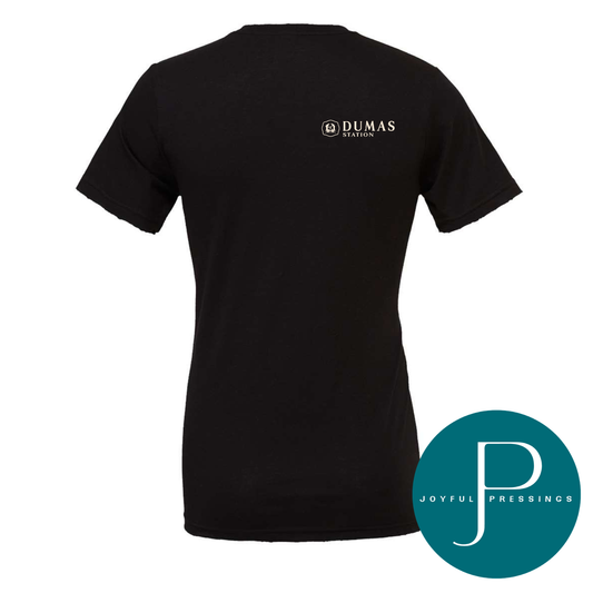 Black t-shirt with 'Dumas Station' logo on a white background, featuring the Joyful Pressings logo.