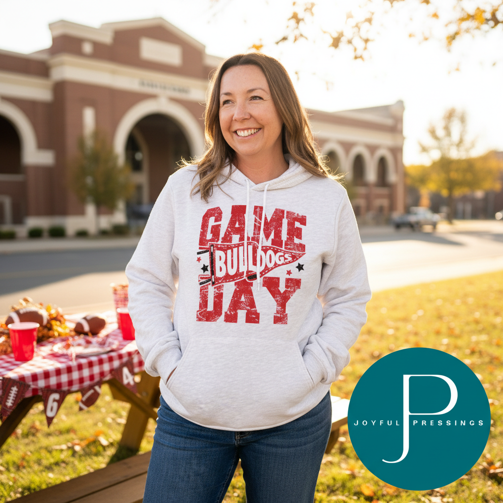 A woman stands outdoors in front of a brick building wearing a light heather gray hoodie with a distressed red graphic that reads 'GAME BULLDOGS DAY.' She is also wearing blue jeans, and a picnic table with red cups and footballs is visible to her left.