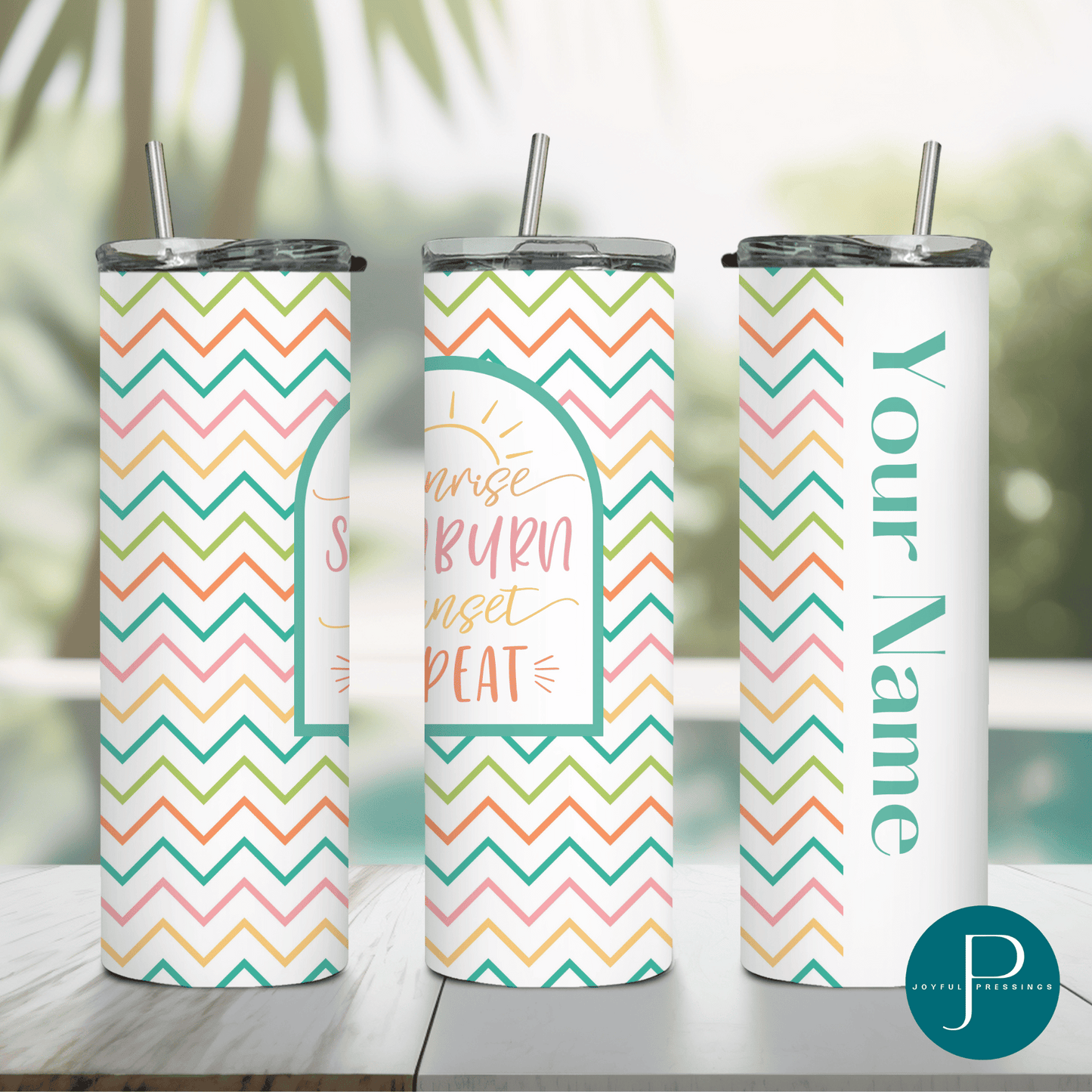 mockup of "Sunrise Sunset" tumbler personalized