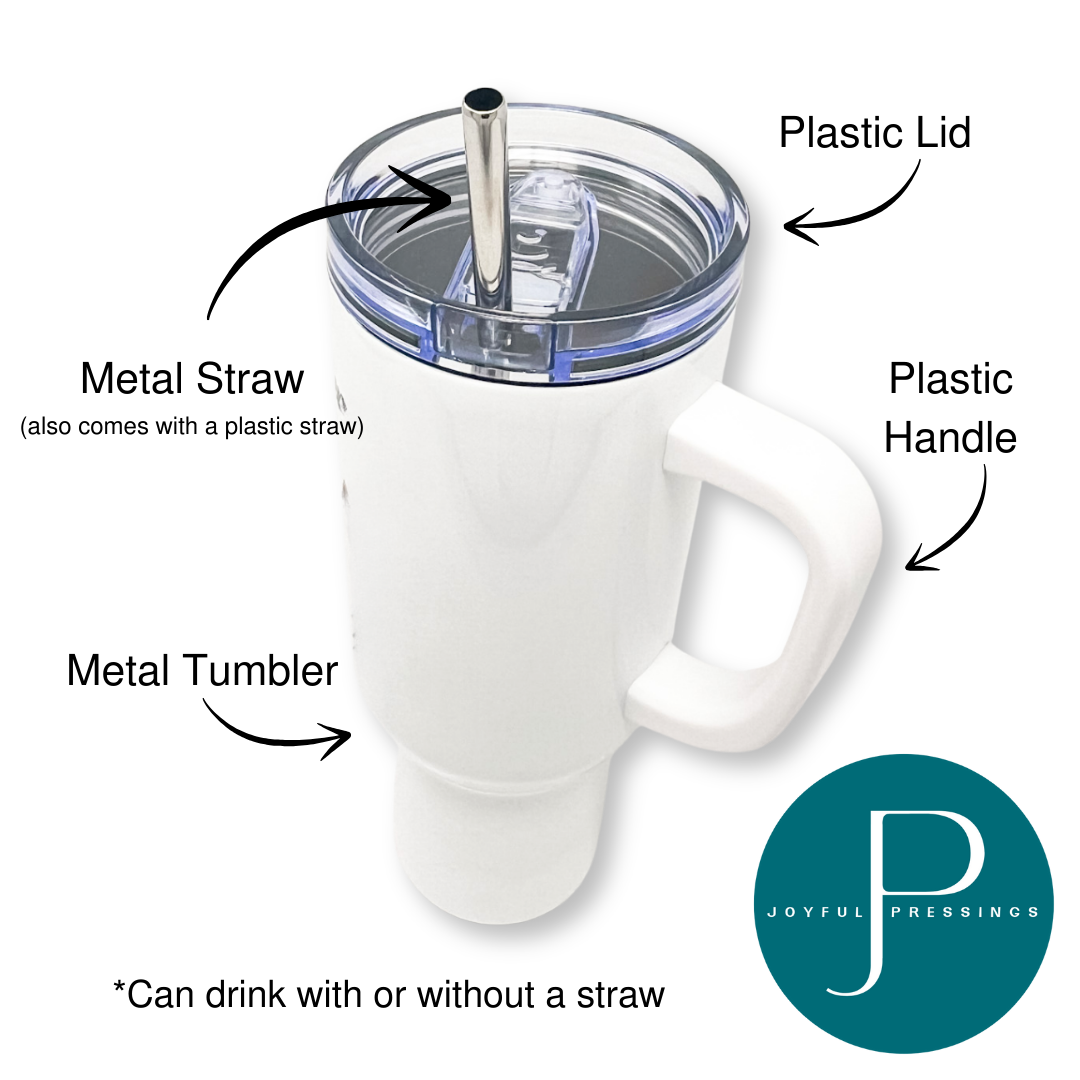 White metal tumbler with plastic lid, metal straw, and plastic handle on a white background.