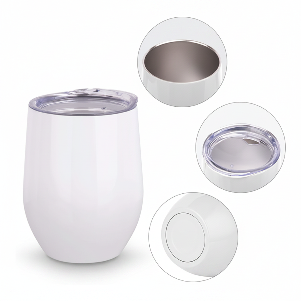White insulated tumbler with multiple views on a white background