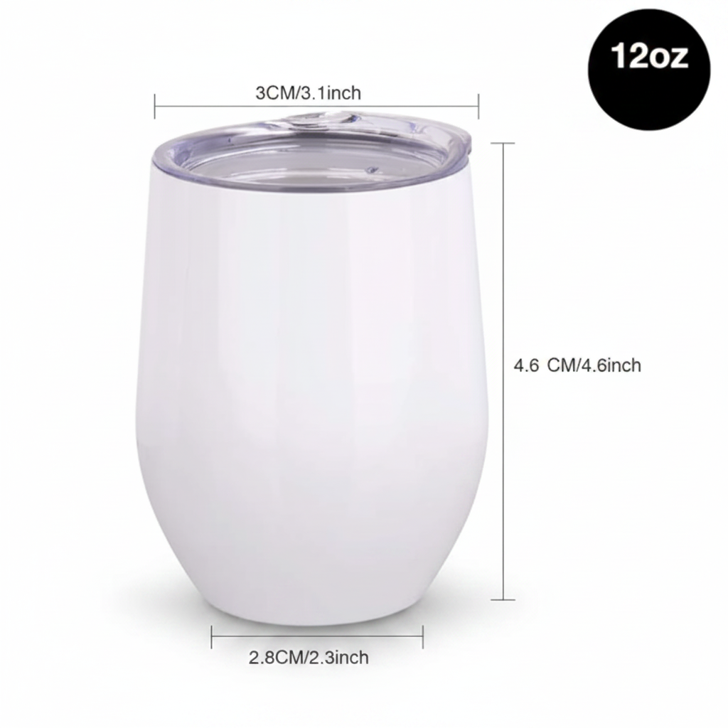 White tumbler with measurements and capacity label on a white background