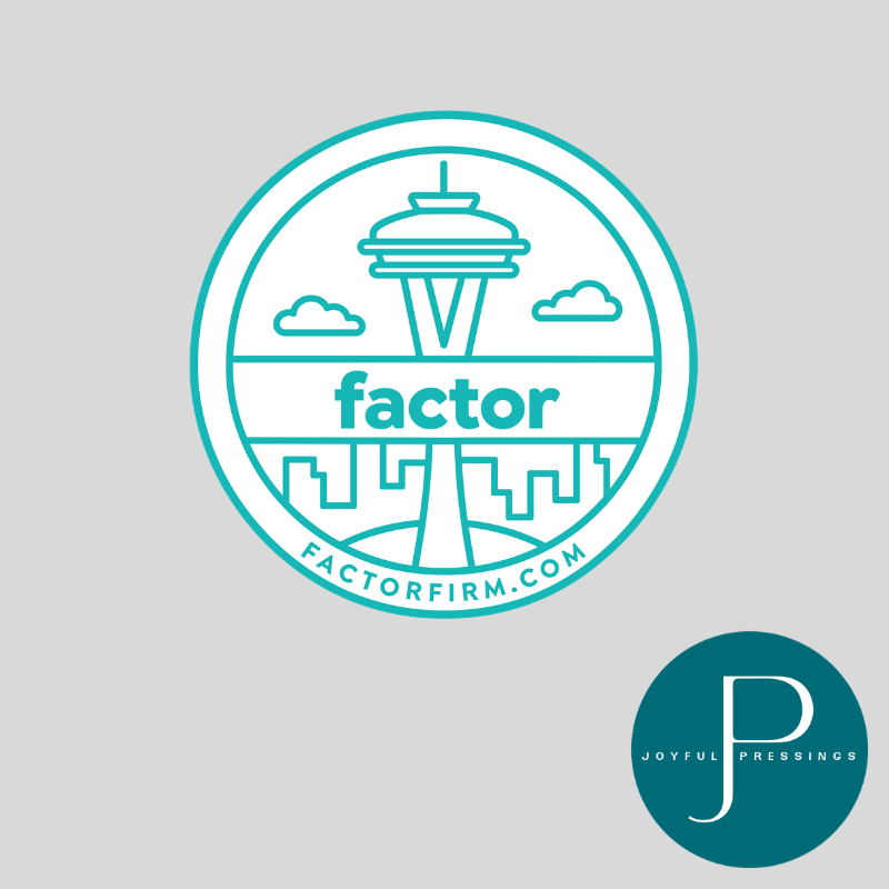 A circular teal logo design featuring the Space Needle and city skyline with the word 'factor' and 'FACTORFIRM.COM' on a light gray background.