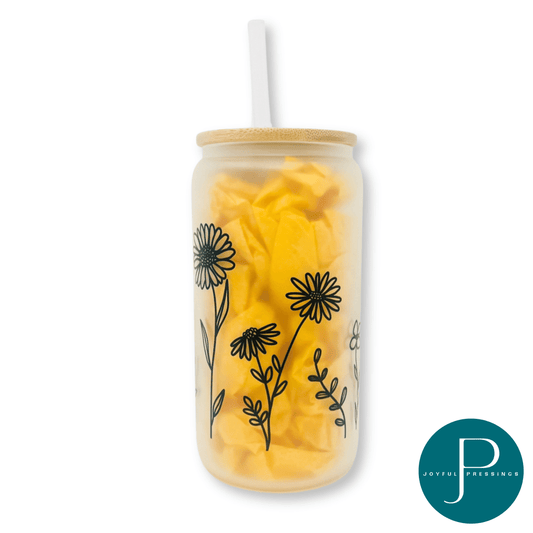 picture of wildflower glass tumbler with bamboo lid