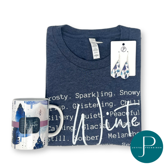 bundle photo: winter navy t-shirt, matching earrings, and mug