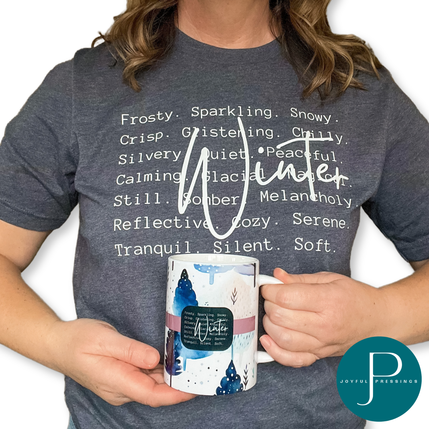 model holding winter scene mug