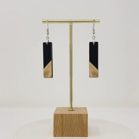 video black and wood bar earrings