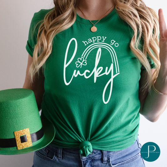 Kelly green tshirt with happy go lucky print in white.